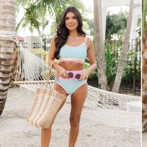 Pink Lily Do Not Disturb Blue Color‎ Block Bikini Top and Bottom Set Sz L